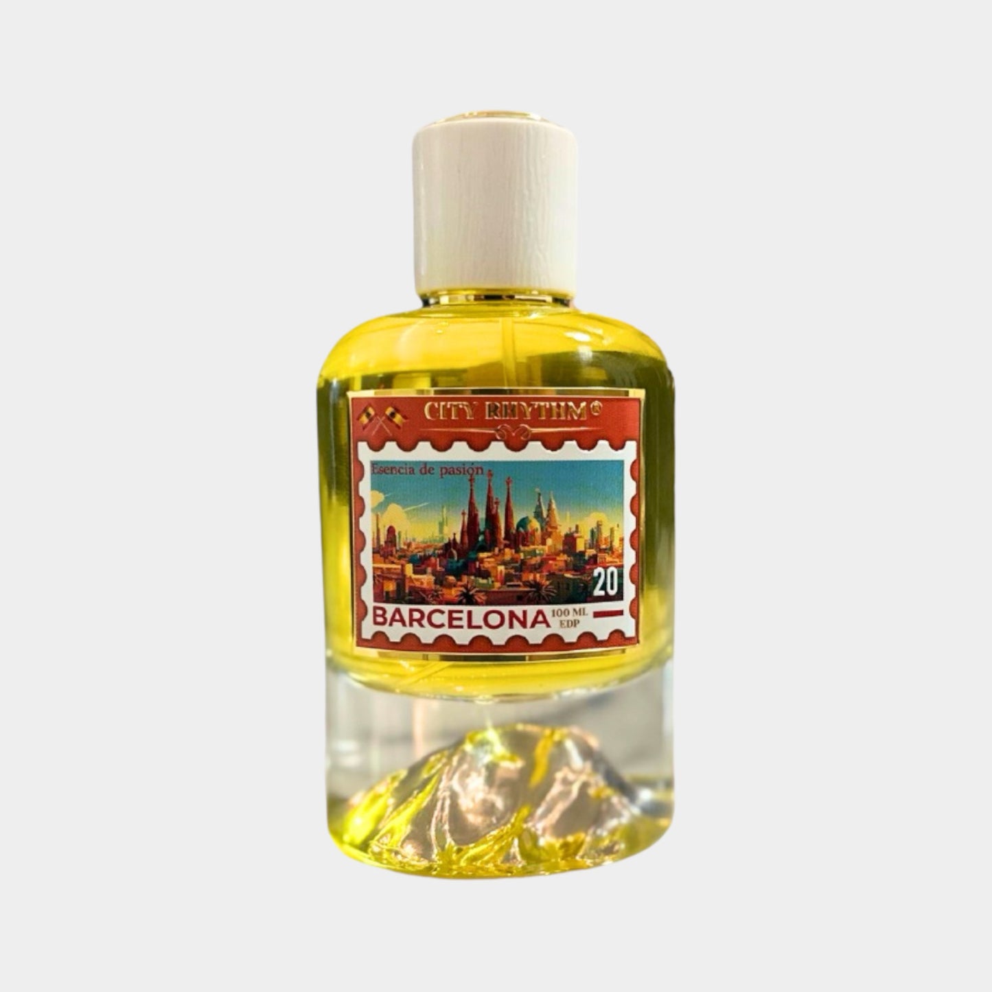 Stad Ritme Barcelona Volledige Fles, met een kleurrijke label waarop de iconische skyline van Barcelona staat, gevangen in een elegante glazen fles van 100 ml.