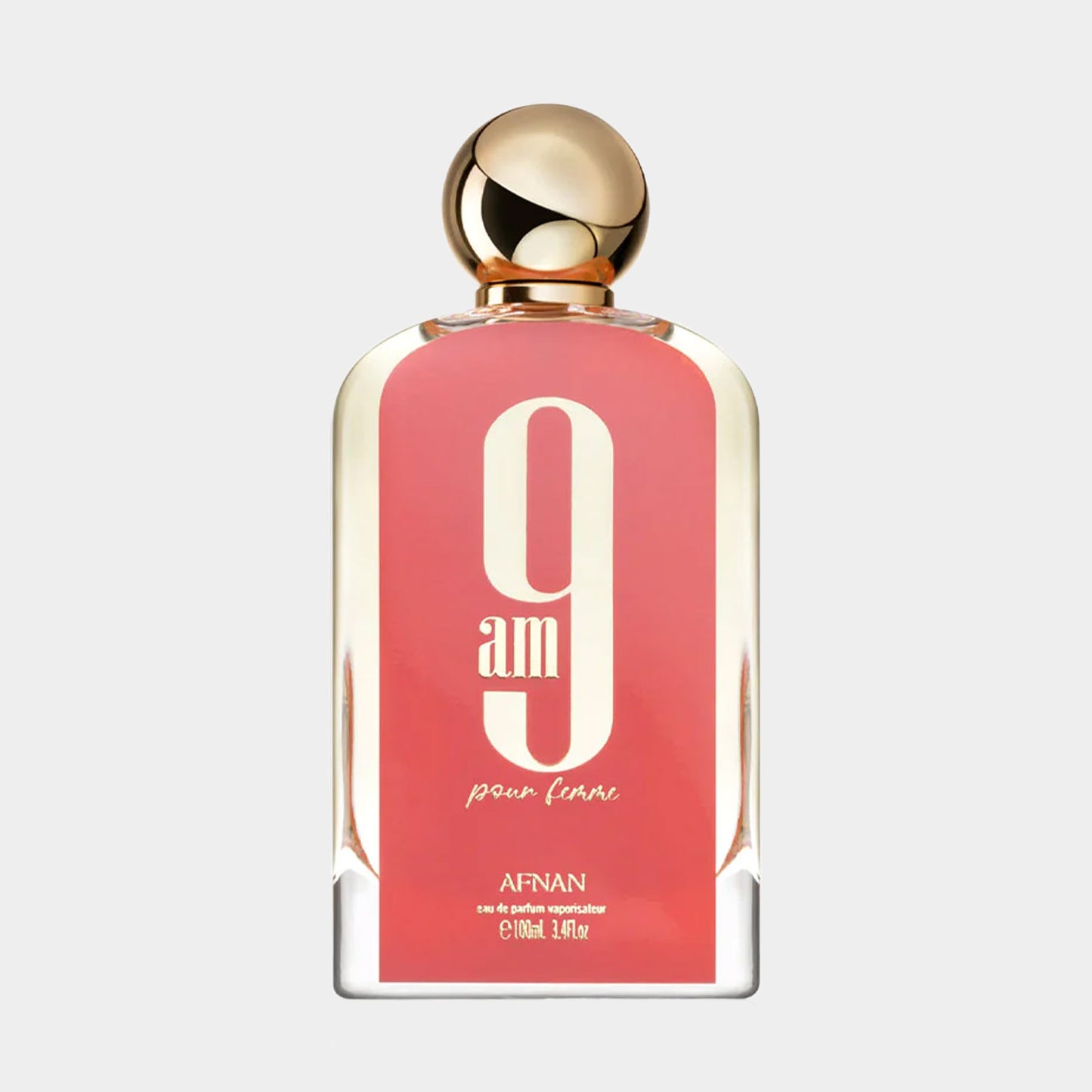 Afnan Perfumes 9AM Pour Femme sample in a stylish bottle featuring a pink design and a gold cap. Het mini-formaat biedt een verfijnde geurervaring voor vrouwen.