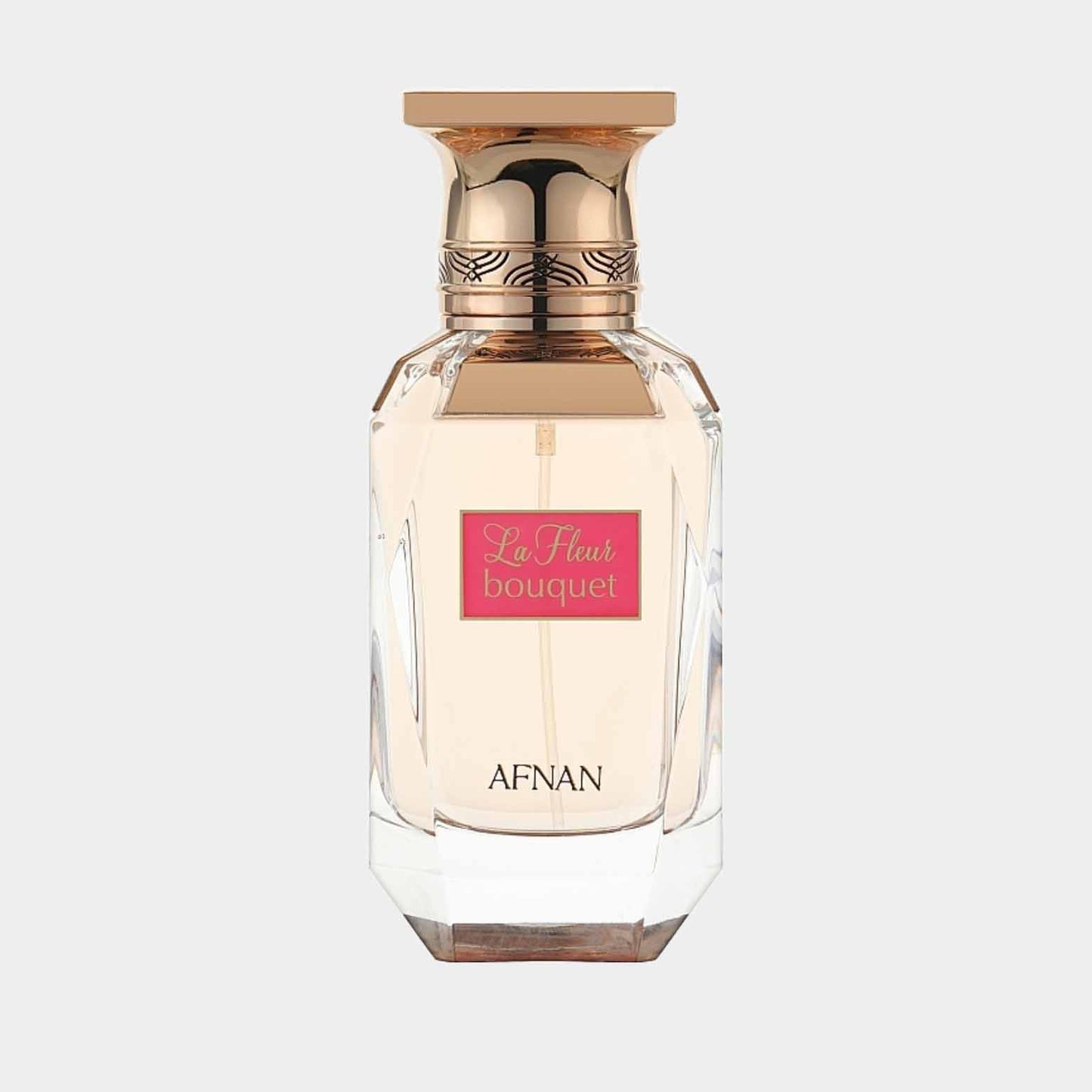 Afnan Perfumes La Fleur Bouquet Sample is een elegant parfum in een luxe flacon met een gouden dop, ideaal voor degenen die een vleugje bloemige frisheid willen ervaren.
