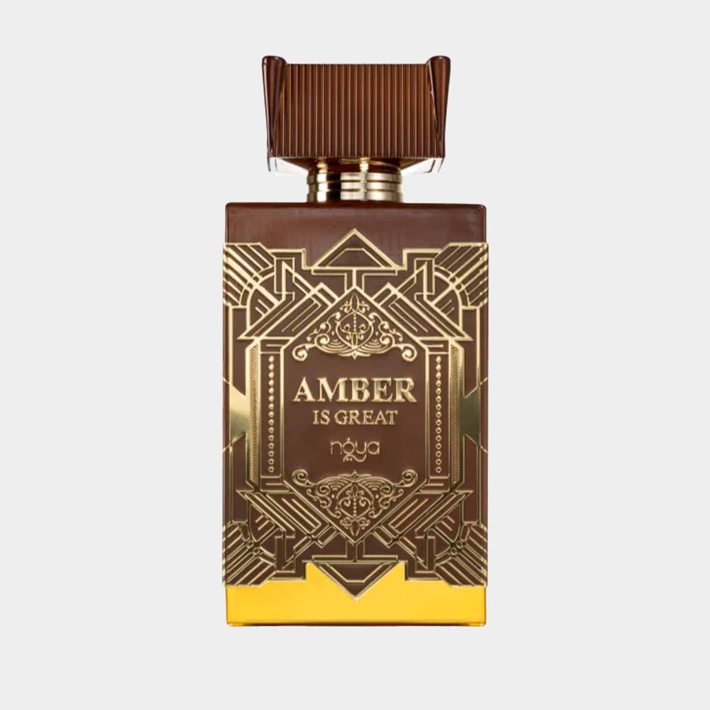 Afnan Perfumes Zimaya Amber Is Great sample, met een elegante goudkleurige verpakking en een unieke geometrische ontwerp.