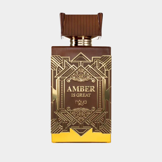 Afnan Perfumes Zimaya Amber Is Great sample, met een elegante goudkleurige verpakking en een unieke geometrische ontwerp.