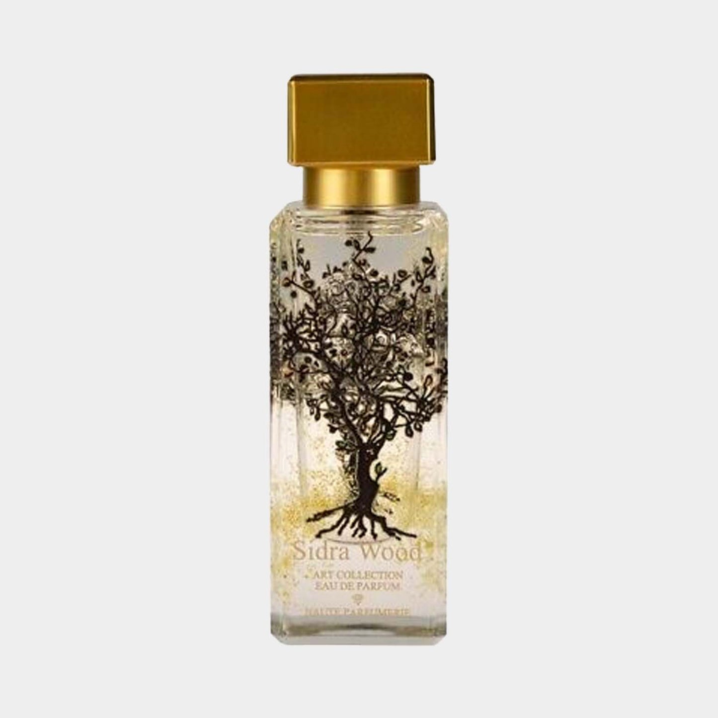 Al-Jazeera Sidra Wood Sample - een elegante parfumfles met een gouden dop, versierd met een boomontwerp, die de geur van Sidra hout vertegenwoordigt.