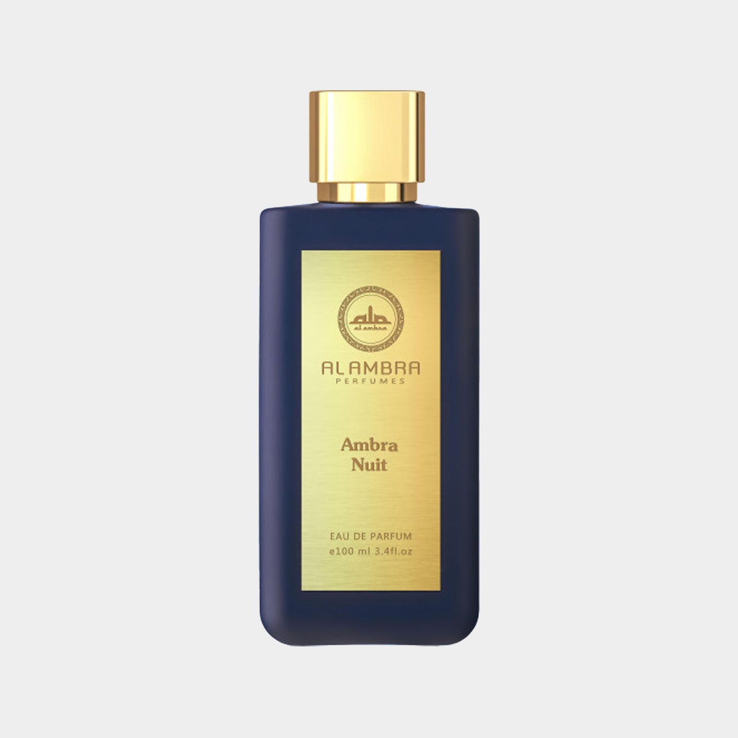 Miniatuur van de Al Ambra Ambra Nuit Sample, een elegante parfumfles met een diepblauwe achtergrond en gouden accenten, bevat 100 ml eau de parfum.