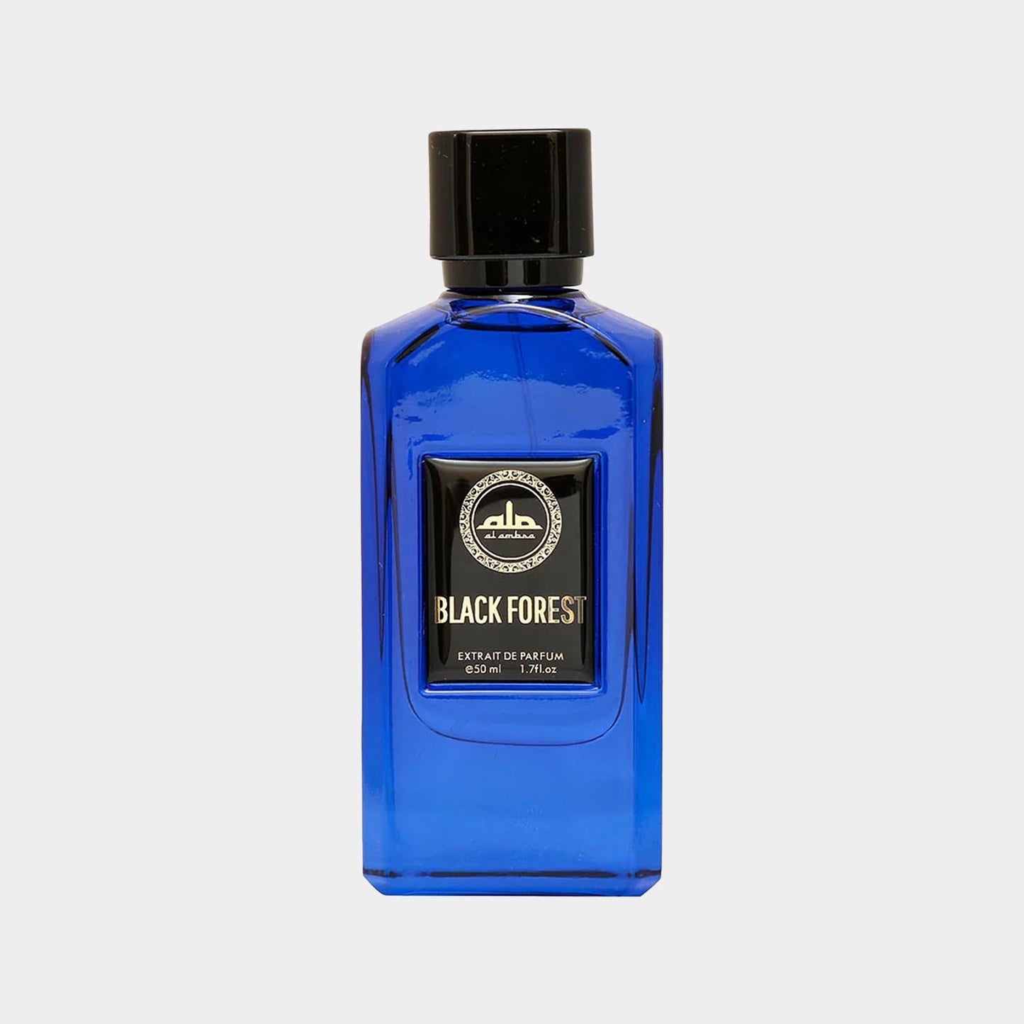 Al Ambra Black Forest Sample - Een elegante blauwe parfumfles van 50 ml, die de geur van de donkere bossen vastlegt.
