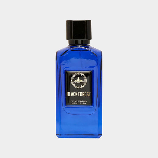 Al Ambra Black Forest Sample - Een elegante blauwe parfumfles van 50 ml, die de geur van de donkere bossen vastlegt.