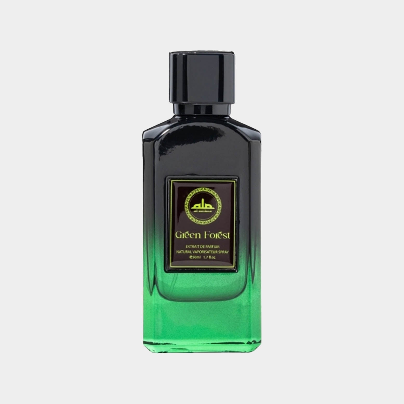 Foto van een donkere fles parfum met een groene onderkant, genaamd Al Ambra Green Forest Sample. De fles bevat een verfijnde geur, perfect voor een frisse, natuurlijke uitstraling.