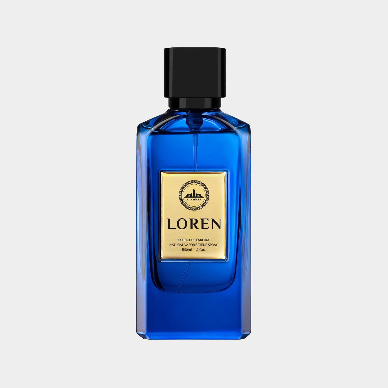 Al Ambra Loren Sample is een luxe parfum in een elegant blauwe fles van 50 ml, met een gouden label dat de naam LOREN toont.