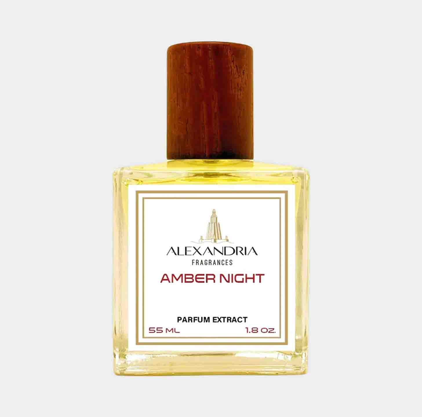 Sampleflesje van Alexandria Fragrances Amber Night, een parfumextract van 55 ml, met een elegante uitstraling en een houten dop.