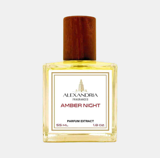 Sampleflesje van Alexandria Fragrances Amber Night, een parfumextract van 55 ml, met een elegante uitstraling en een houten dop.
