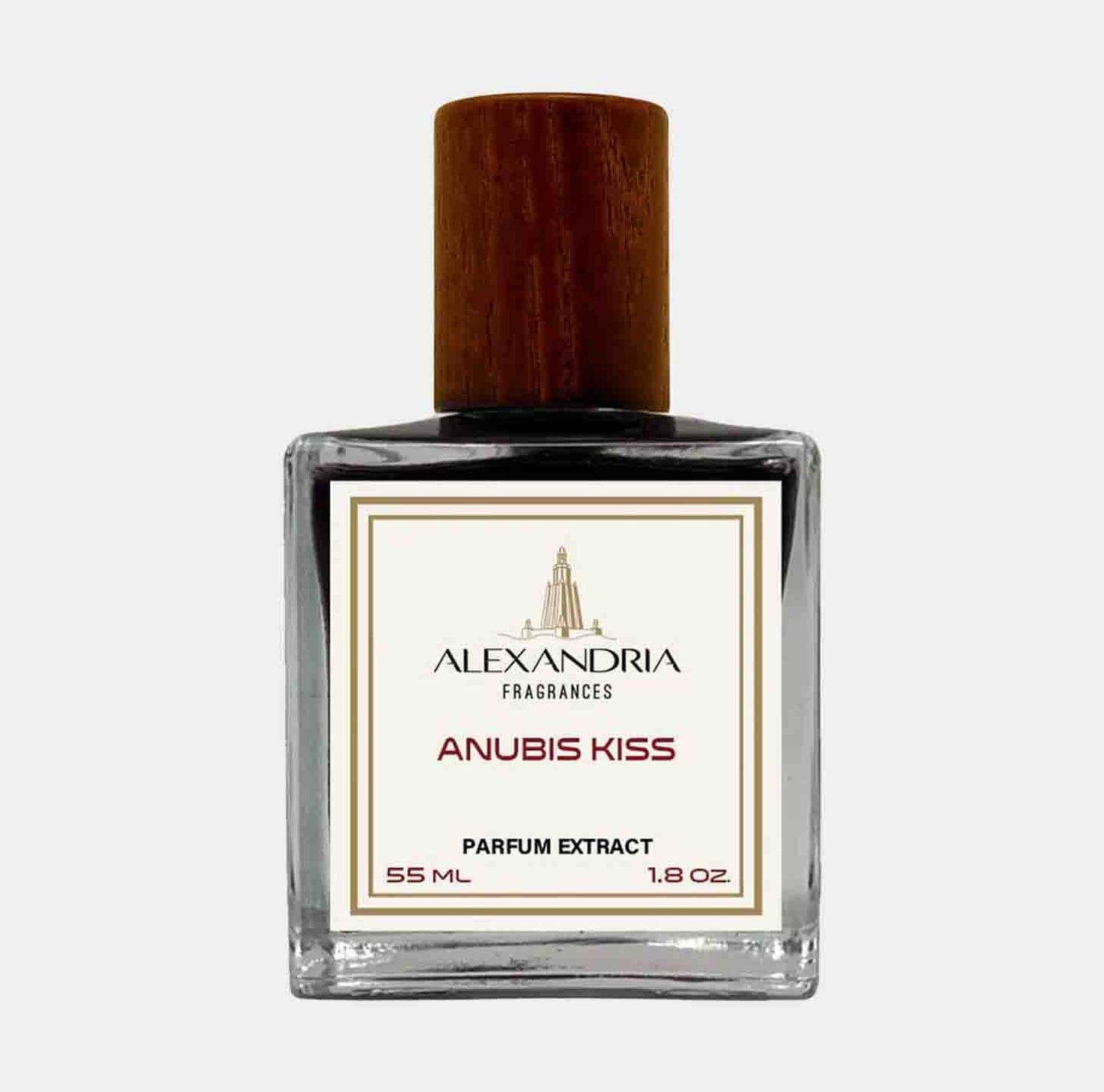 Sample van Alexandria Fragrances Anubis Kiss in een elegante glazen fles van 55 ml met een houten dop, gepresenteerd als parfumextract.