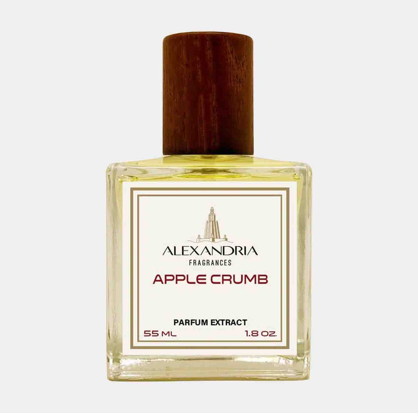 Sampleflesje van Alexandria Fragrances Apple Crumb, een parfumextract van 55 ml, met een elegante houten dop en een geur die doet denken aan warme appeltaart.