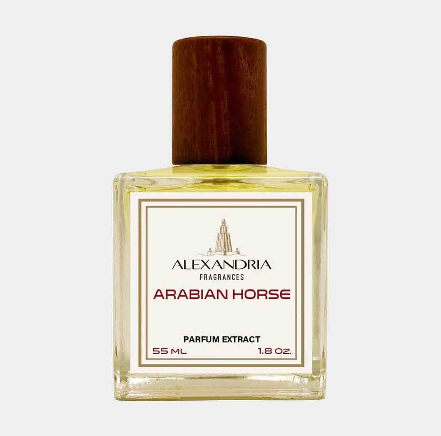 Alexandria Fragrances Arabian Horse Sample in een stijlvolle glazen fles van 55 ml, met een houten dop en een luxe parfumextract.