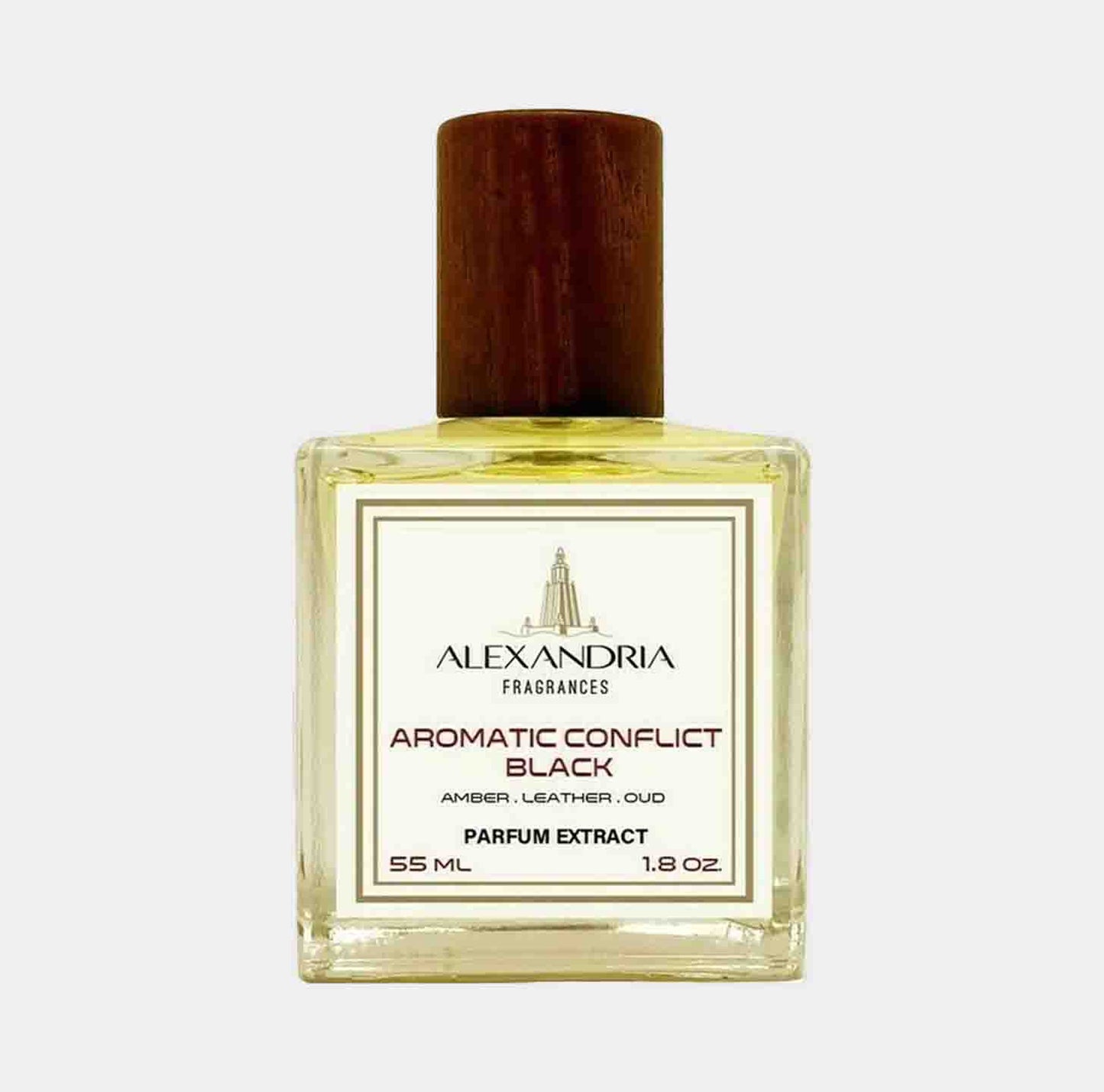 Alexandria Fragrances Aromatic Conflict Sample, een parfumextract van 55 ml met noten van amber, leer en oud, verpakt in een elegante glazen fles met houten dop.