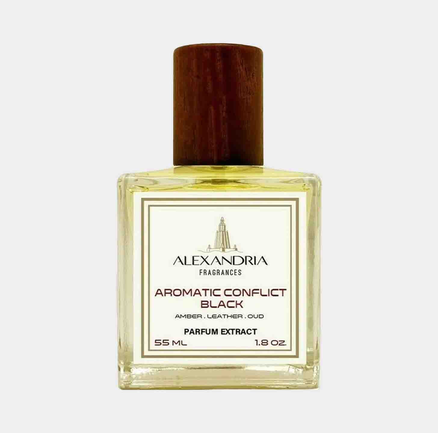 Alexandria Fragrances Aromatic Conflict Sample, een parfumextract van 55 ml met noten van amber, leer en oud, verpakt in een elegante glazen fles met houten dop.