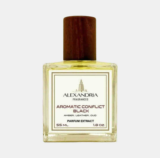 Alexandria Fragrances Aromatic Conflict Sample, een parfumextract van 55 ml met noten van amber, leer en oud, verpakt in een elegante glazen fles met houten dop.