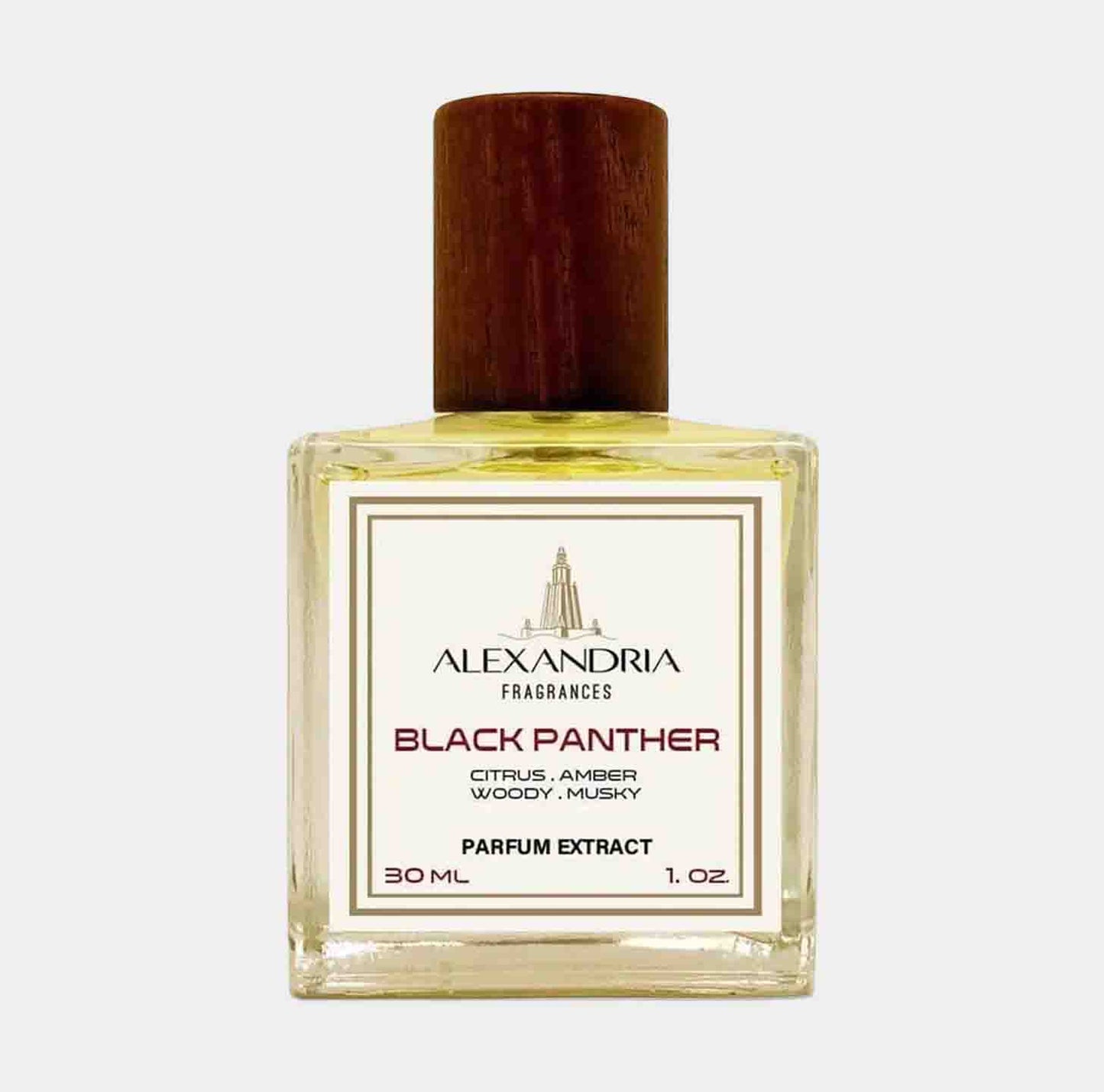 Sample van Alexandria Fragrances Black Panther, een parfum met citrus, amber en muskusachtige houten noten, verpakt in een elegant 30 ml flesje met houten dop.