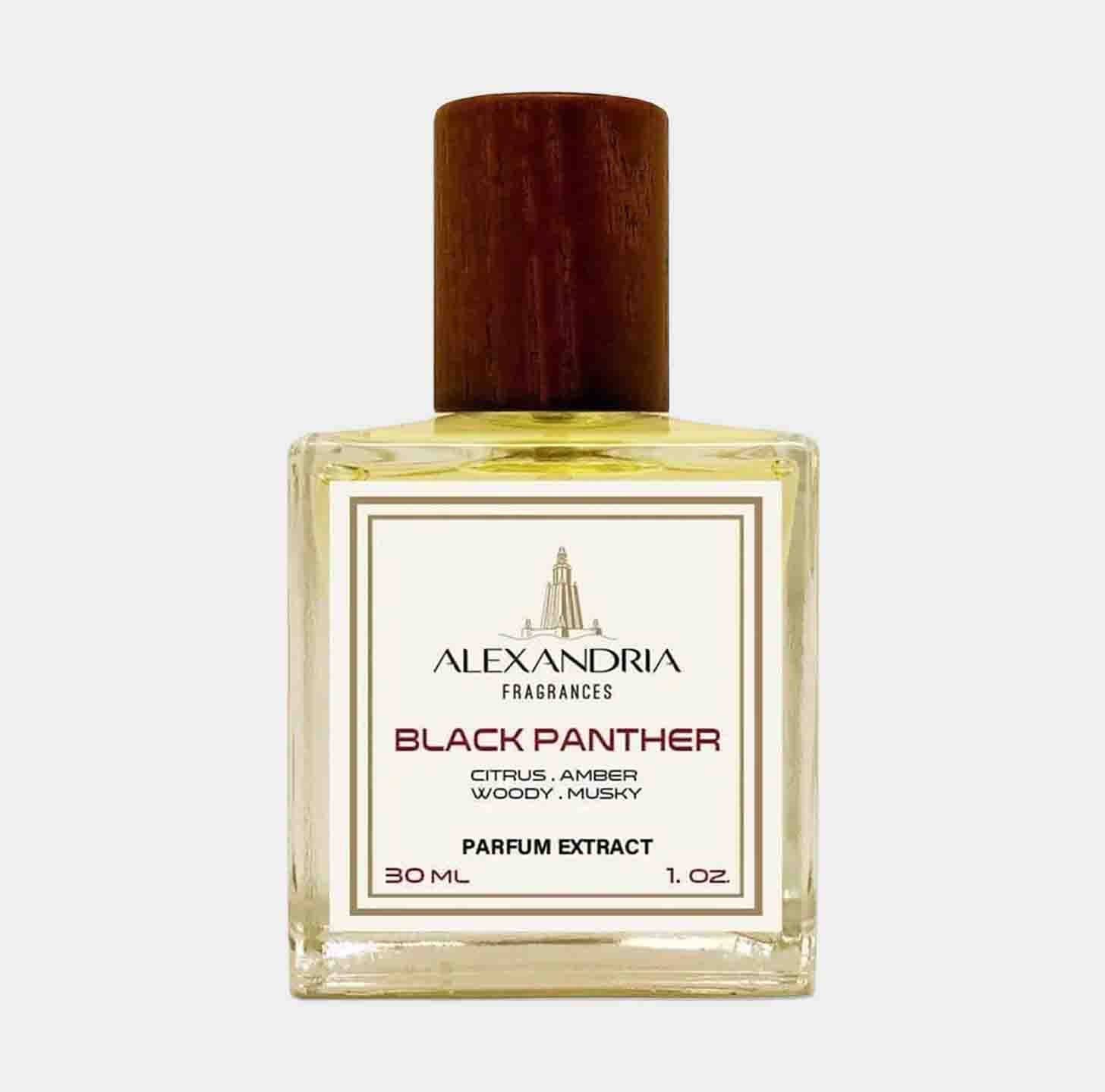 Full bottle van Alexandria Fragrances Black Panther, een parfumextract van 30 ml met heldere citrusnootjes, amber, en een houtachtige, musky geur.