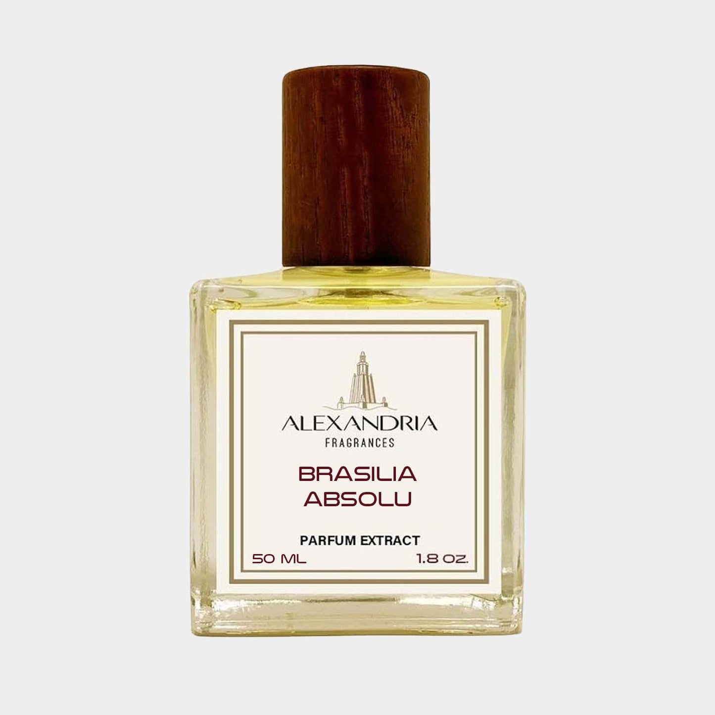 Een volledige fles Alexandria Fragrances Brasilia Absolu, een parfumextract van 50 ml, met een elegante houten dop en een heldere, gouden vloeistof.