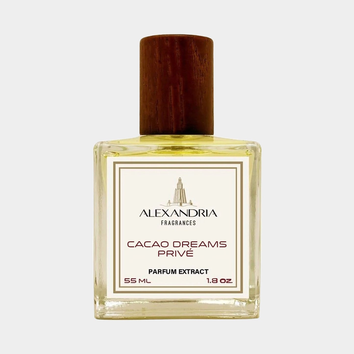 Voorbeeldflesje van Alexandria Fragrances Cacao Dreams Prive, een parfumextract van 55 ml met een elegante houten dop.