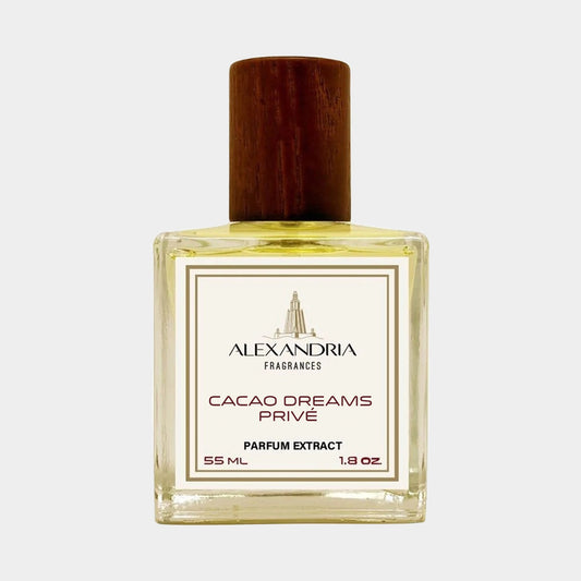 Voorbeeldflesje van Alexandria Fragrances Cacao Dreams Prive, een parfumextract van 55 ml met een elegante houten dop.