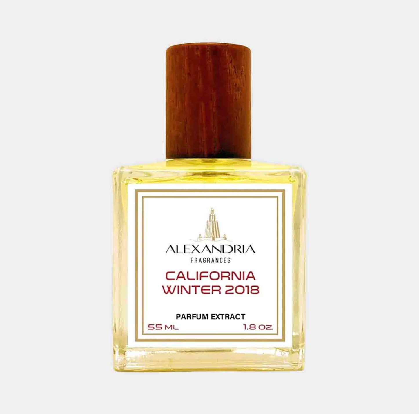 Sample van Alexandria Fragrances California Winter 2018, een parfumextract van 55 ml met een elegante houten dop.