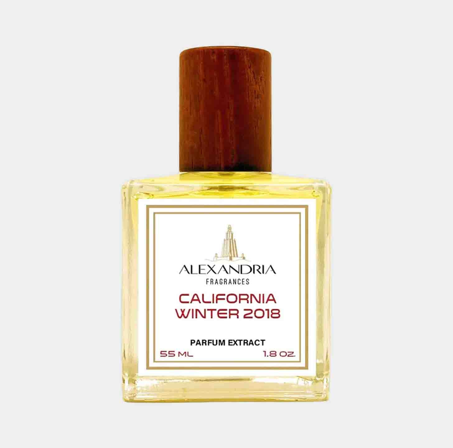 Sample van Alexandria Fragrances California Winter 2018, een parfumextract van 55 ml met een elegante houten dop.