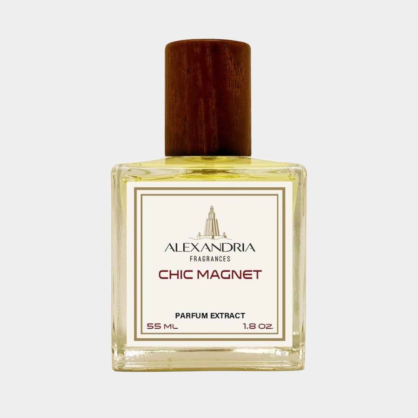 Sample van Alexandria Fragrances Chic Magnet, een parfumextract van 55 ml in een elegant glazen flesje met een houten dop.
