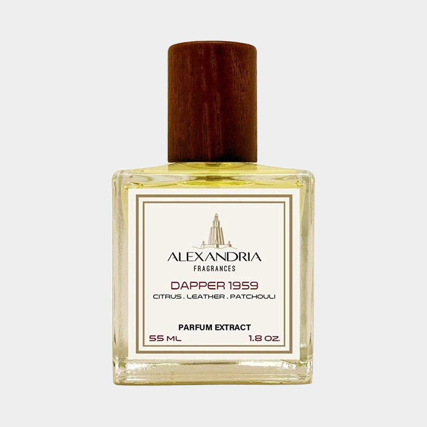 Sample van Alexandria Fragrances Dapper 1959, een parfumextract van 55 ml met tonen van citrus, leer en patchouli. Het is verpakt in een stijlvolle glazen fles met een houten dop.