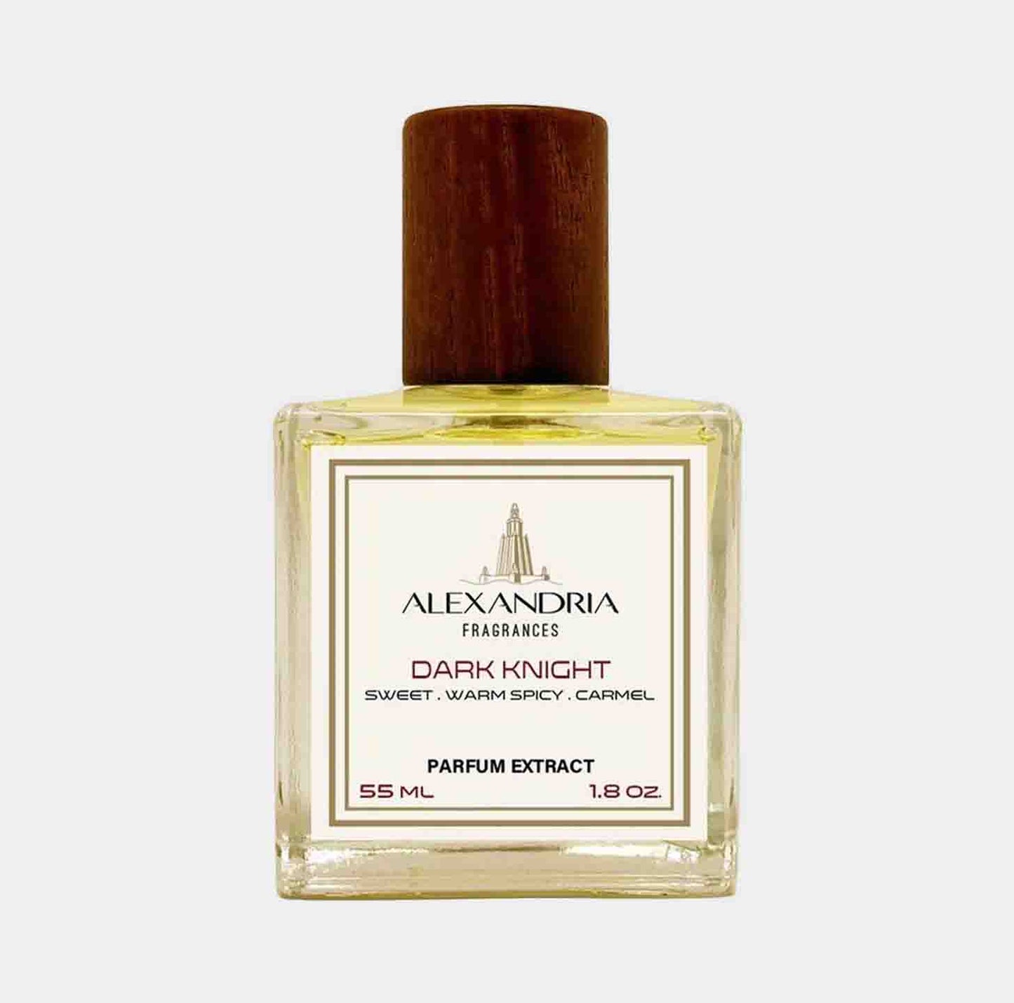 Alternatieve alt-tekst: Sample van Alexandria Fragrances Dark Knight, een parfumextract van 55 ml met een geurprofiel van zoete, warme specerijen en karamel.