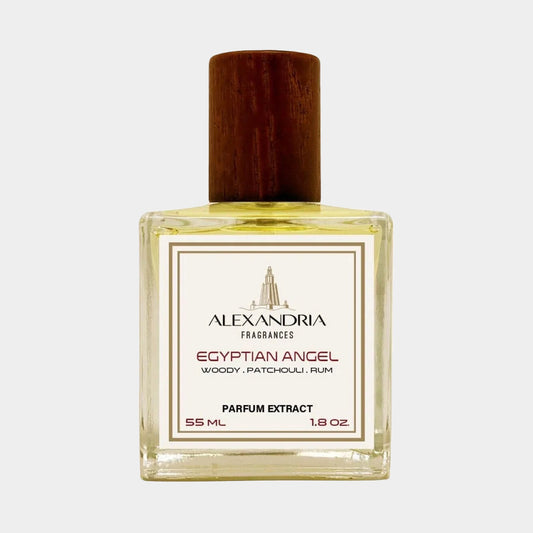 Sample of Alexandria Fragrances Egyptian Angel, a luxurious parfum extract with notes of wood, patchouli, and rum, presented in a 55 ml bottle with a wooden cap.