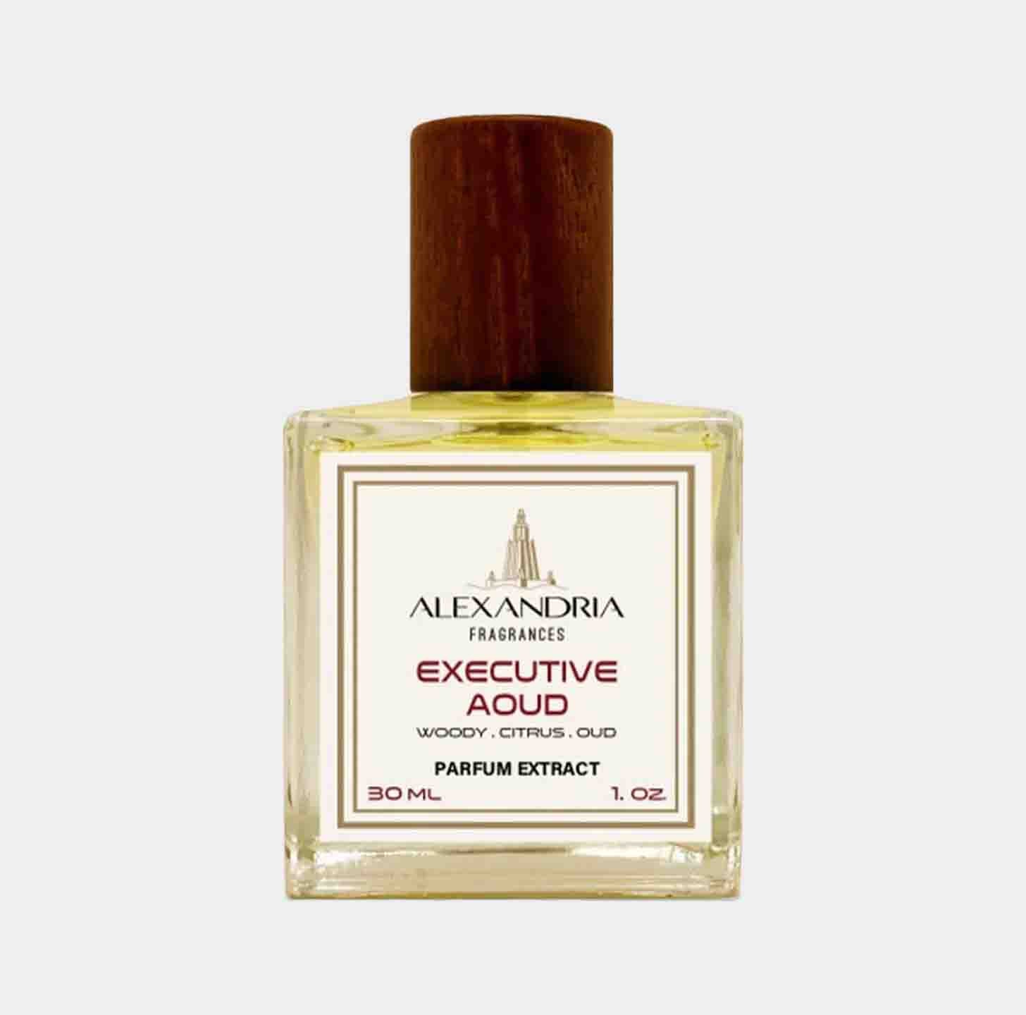 Verpakking van de Alexandria Fragrances Executive Aoud Sample, een parfumextract van 30 ml met een houtachtige, citrusachtige geur. Verfraaid met een houten dop.