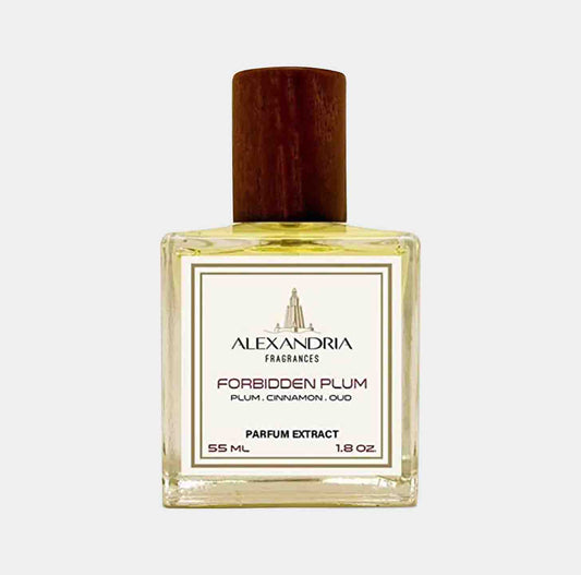 Sample van Alexandria Fragrances Forbidden Plum, een parfumextract met de geur van pruim, kaneel en oem. In een stijlvolle flacon van 55 ml.