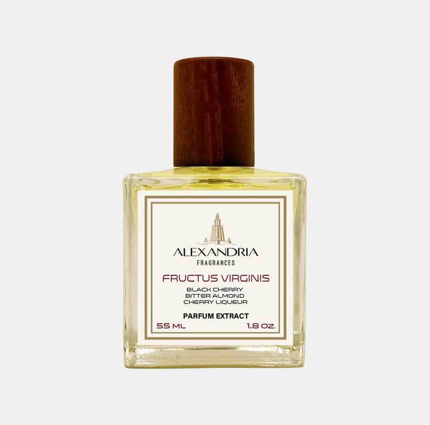 Monsterfles van Alexandria Fragrances Fructus Virginis, een parfumextract van 55 ml met tonen van zwarte kers, bittere amandel en kersenlikeur.