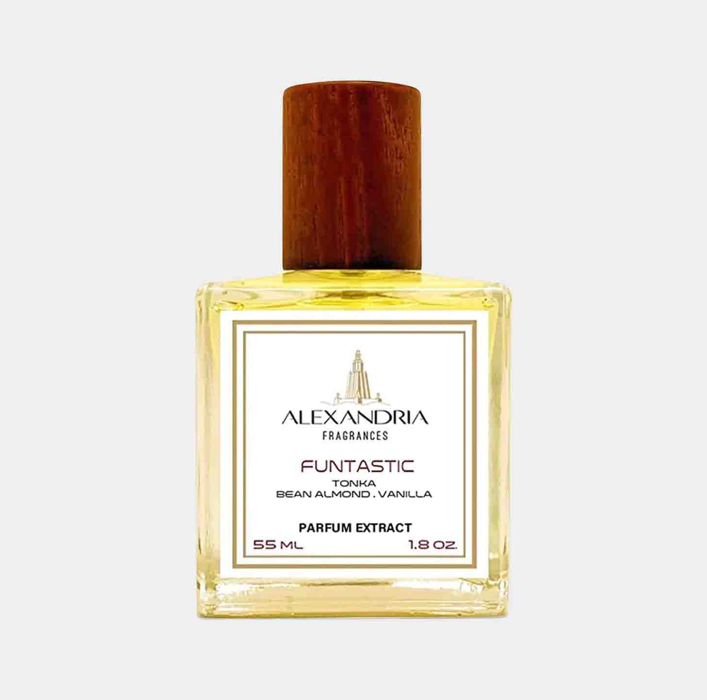 Een flesje parfumextract van 55 ml van Alexandria Fragrances genaamd Funtastic, met een luxueuze houten dop. Dit parfum heeft tonen van tonkaboon, amandel en vanille.