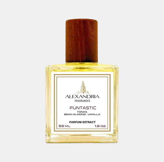 Alexandria Fragrances Funtastic volle fles van 55 ml, met een geurmix van tonkaboon, amandel en vanille in een stijlvolle verpakking met een houten dop.