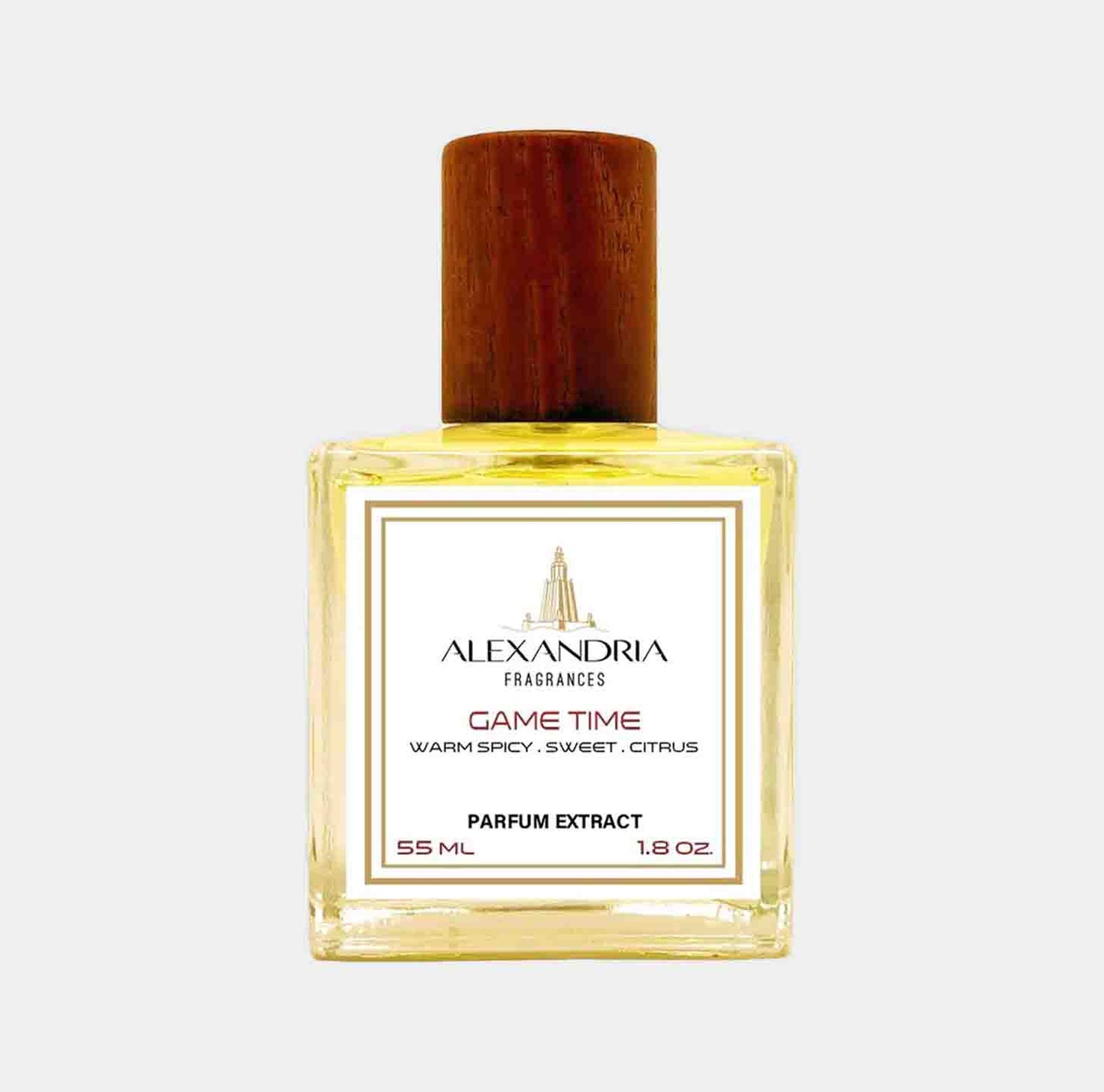 Sample van Alexandria Fragrances Game Time, een parfumextract van 55 ml met een warme, kruidige, zoete en citrusachtige geur.