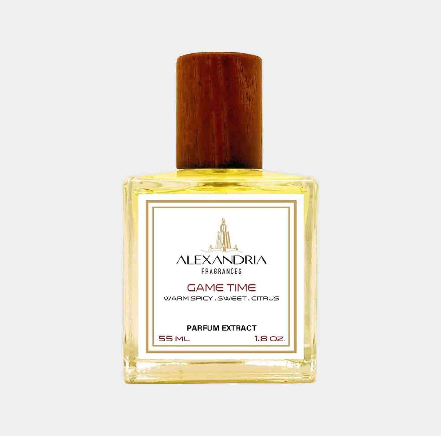 Full bottle van Alexandria Fragrances Game Time, een parfumextract van 55 ml met warme, kruidige, zoete en citrusachtige geuren.
