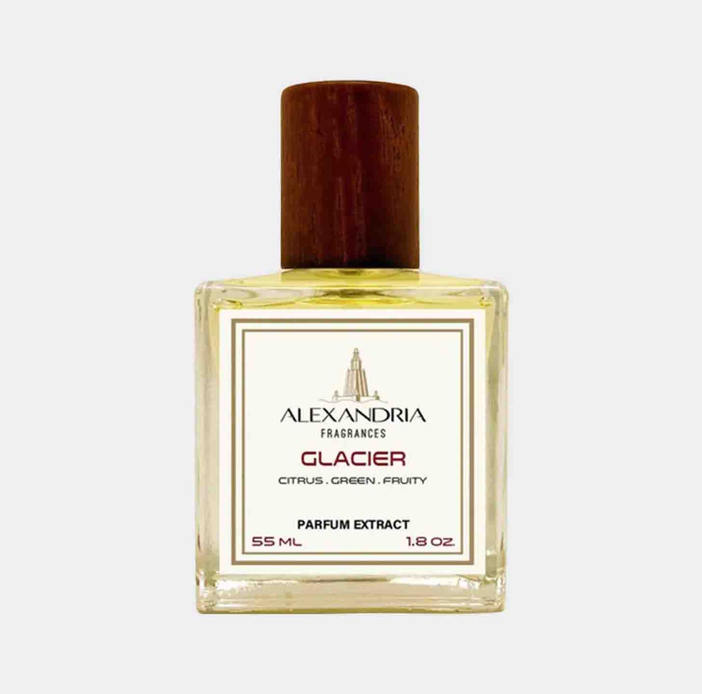 Sample van Alexandria Fragrances Glacier, een geur met citrusachtige, groene en fruitige noten, verpakt in een elegante fles van 55 ml.