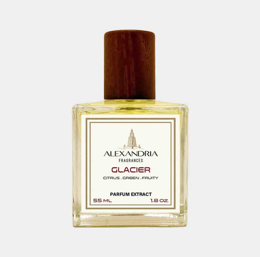 Sample van Alexandria Fragrances Glacier, een geur met citrusachtige, groene en fruitige noten, verpakt in een elegante fles van 55 ml.