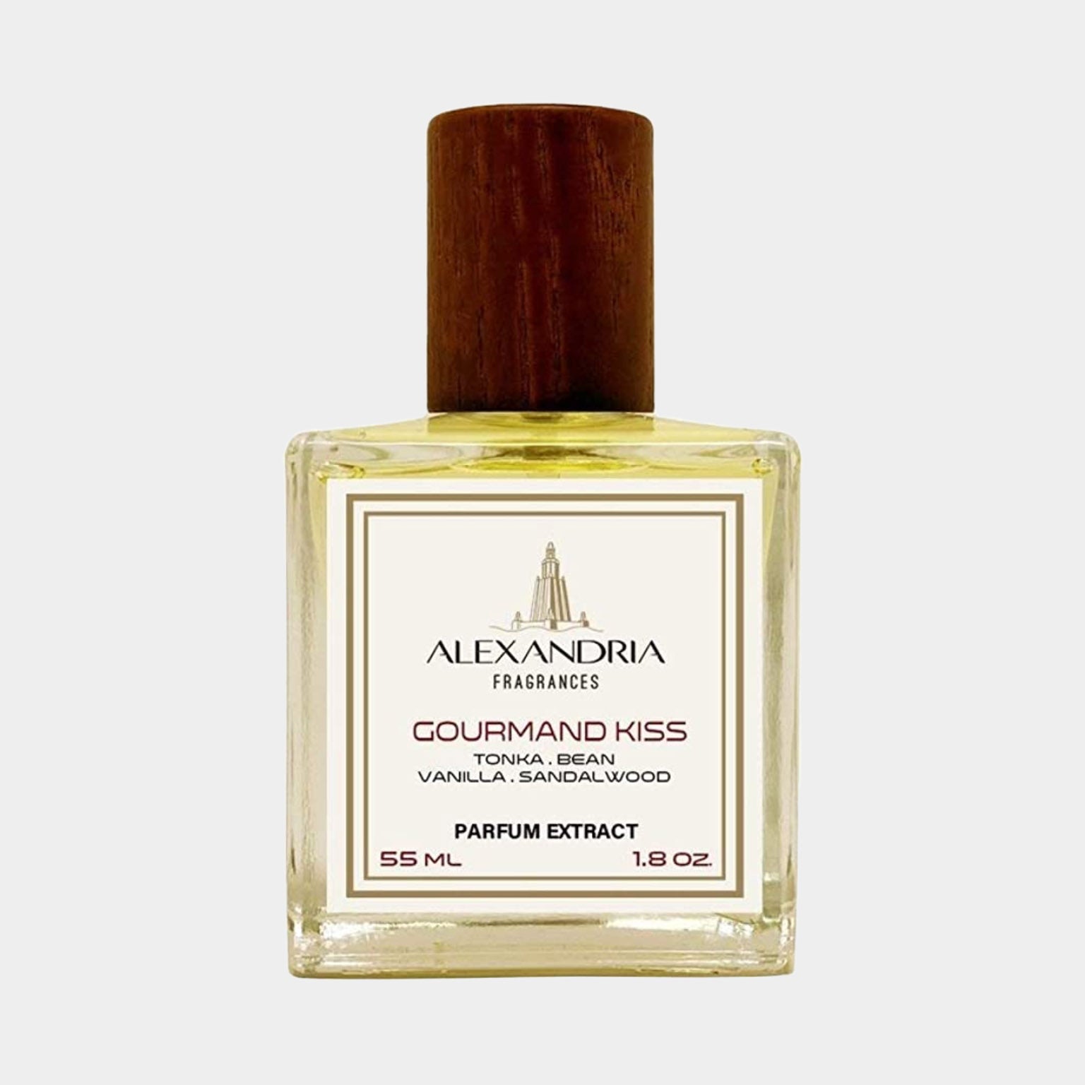 Sample bottle of Alexandria Fragrances Gourmand Kiss, featuring notes of tonka bean, vanilla, and sandalwood, in a 55 ml parfum extract.