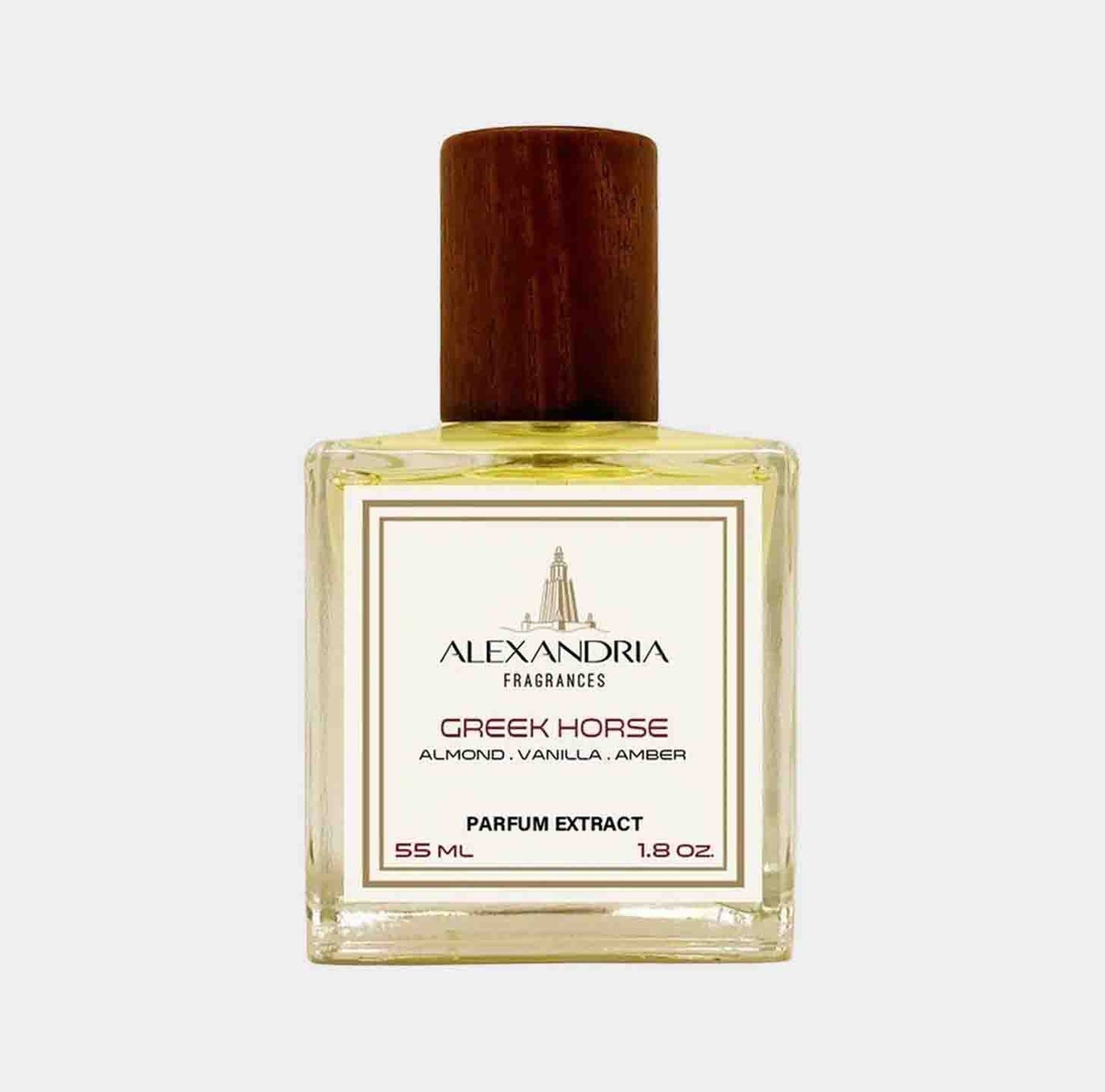 Full bottle of Alexandria Fragrances Greek Horse, een parfumextract van 55 ml met tonen van amandel, vanille en amber.