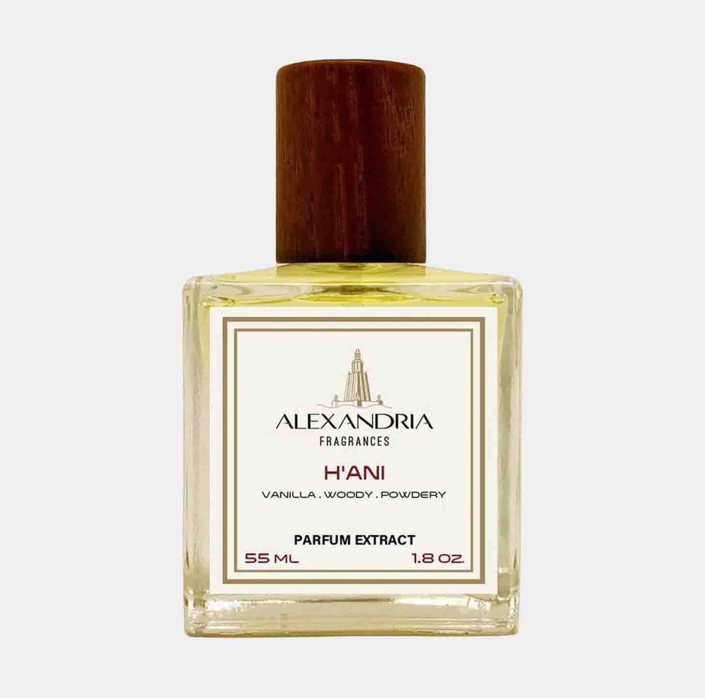 Sample van Alexandria Fragrances HAni, een geur met tonen van vanille, houtachtige en poederachtige accenten, verpakt in een glazen fles van 55 ml.