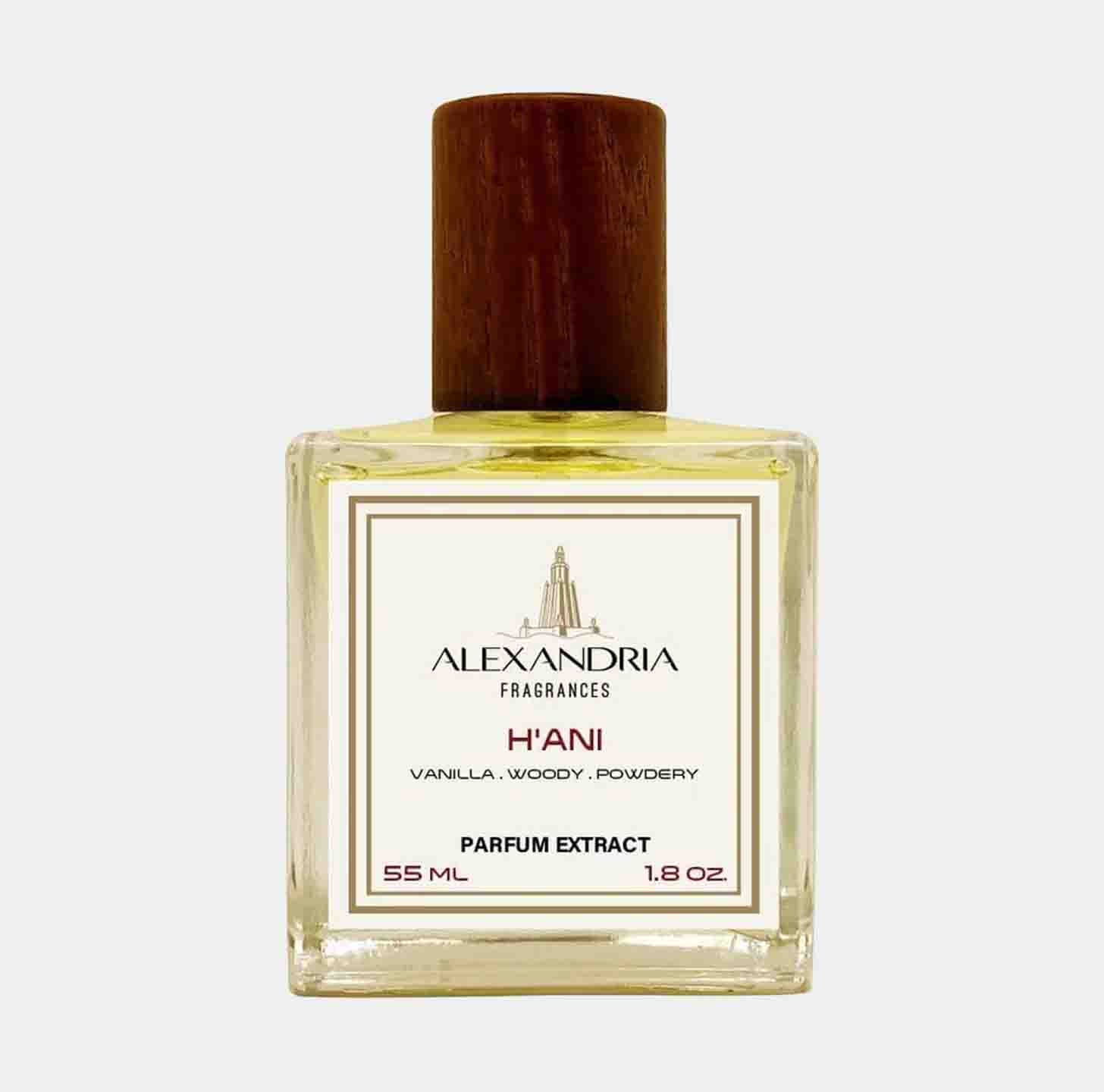 Volle fles van Alexandria Fragrances HAni, een parfumextract van 55 ml met een geurprofiel van vanille, houtachtige en poederige noten.