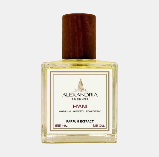 Volle fles van Alexandria Fragrances HAni, een parfumextract van 55 ml met een geurprofiel van vanille, houtachtige en poederige noten.