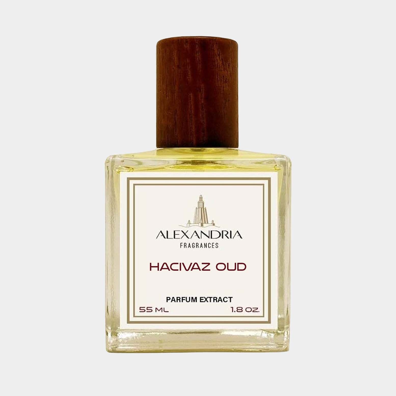 Flesje van Alexandria Fragrances Hacivaz Oud Sample, een parfum-extract van 55 ml met een houten dop en een luxe uitstraling.