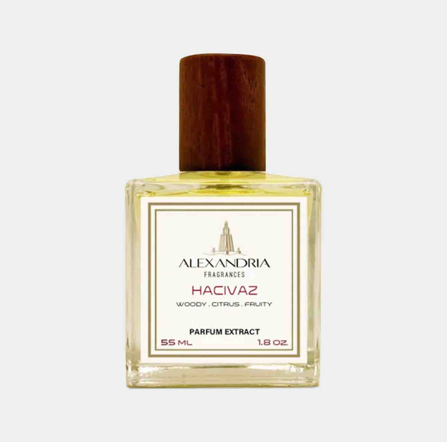 Full bottle of Alexandria Fragrances Hacivaz, een parfumextract van 55 ml met een frisse, houtachtige en fruitige geur.