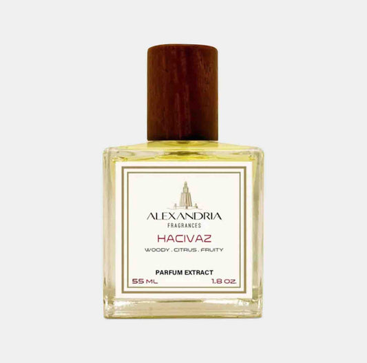 Full bottle of Alexandria Fragrances Hacivaz, een parfumextract van 55 ml met een frisse, houtachtige en fruitige geur.