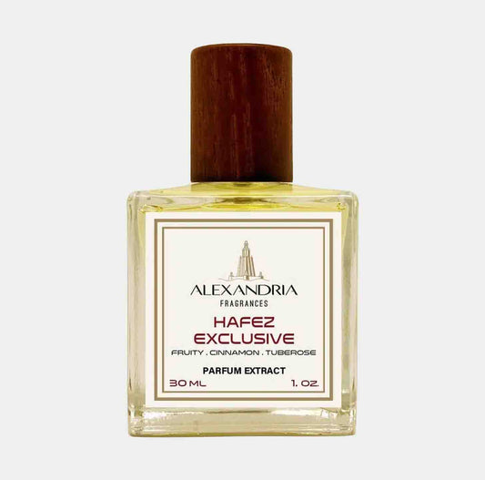 Sample van Alexandria Fragrances Hafez Exclusive, een parfumextract van 30 ml met geurtonen van fruit, kaneel en tuberoos.