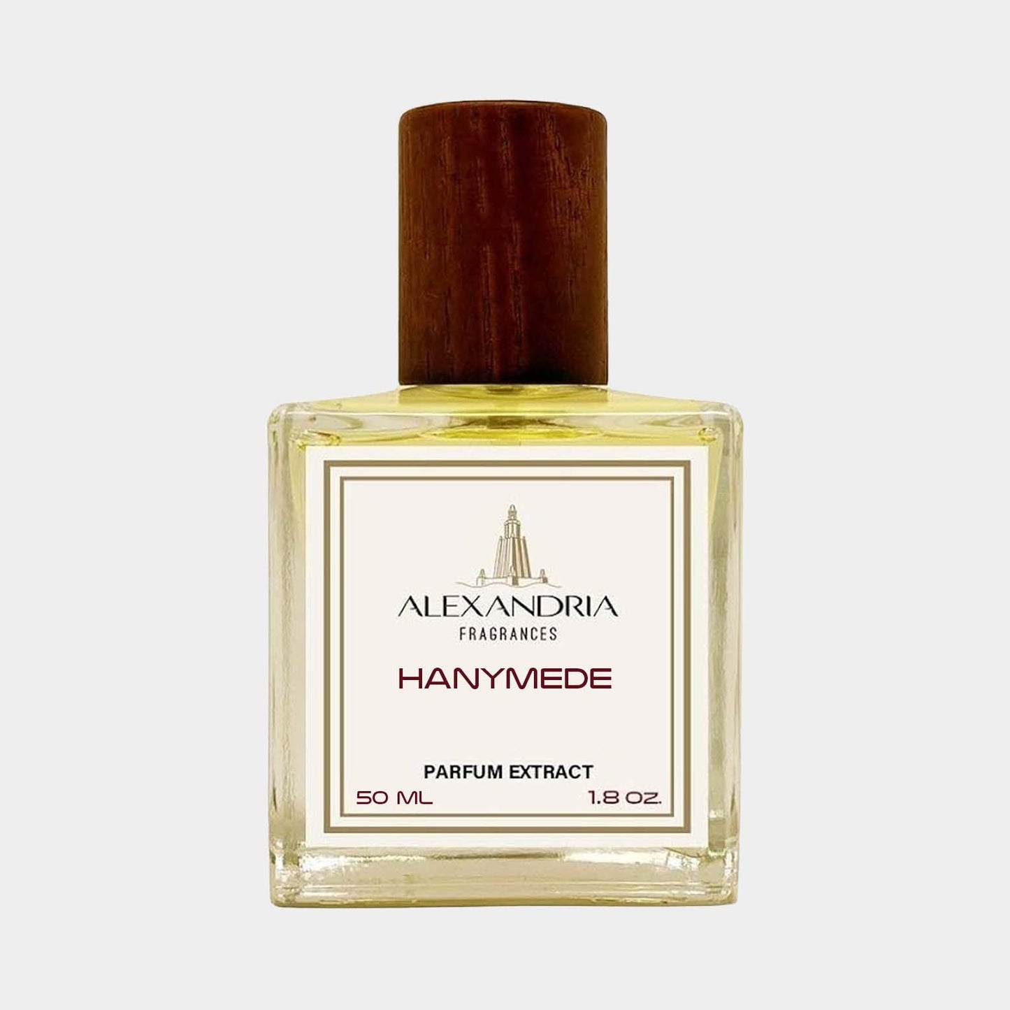 Sampleflesje van Alexandria Fragrances Hanymede, een parfumextract van 50 ml met een elegante houten dop.