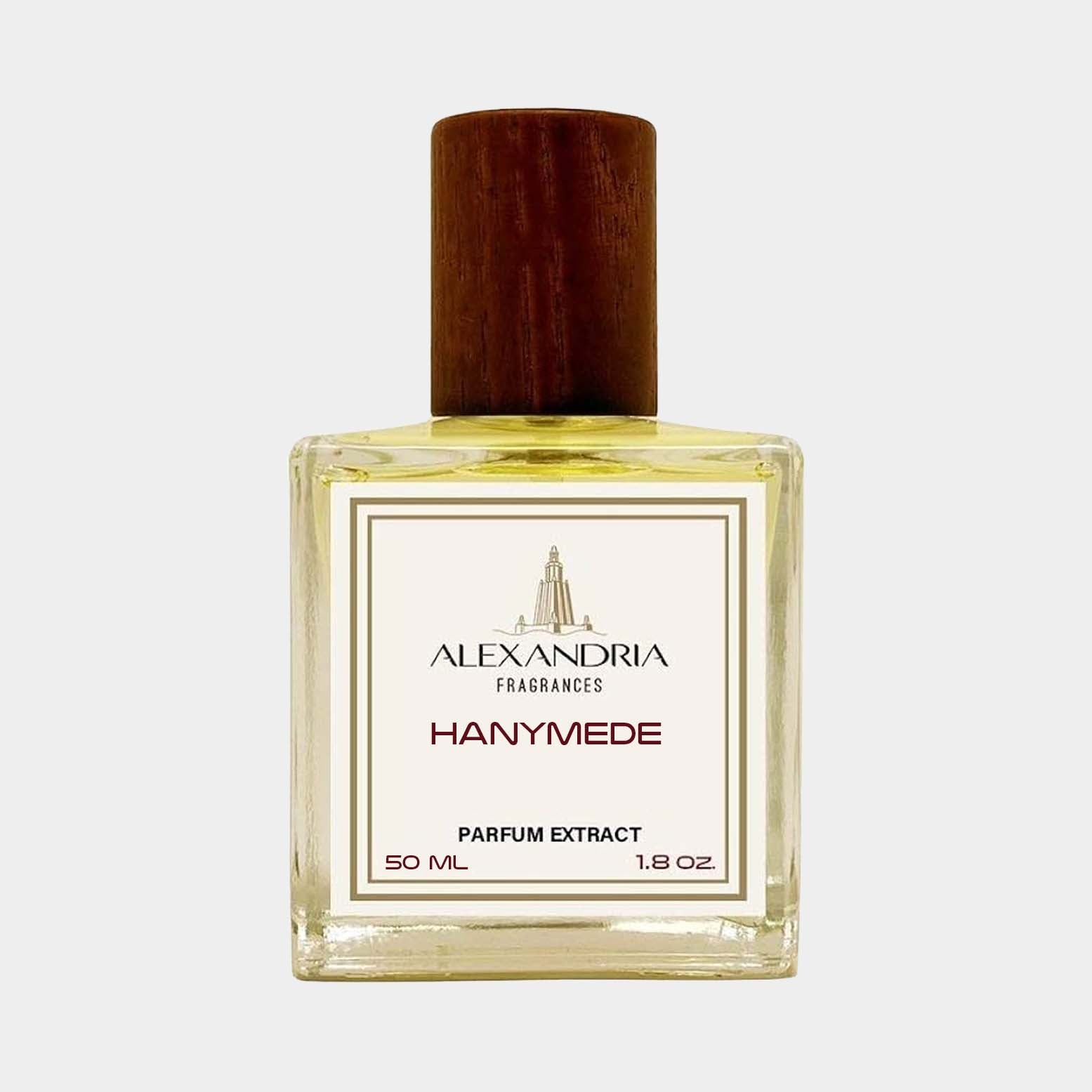 Sampleflesje van Alexandria Fragrances Hanymede, een parfumextract van 50 ml met een elegante houten dop.